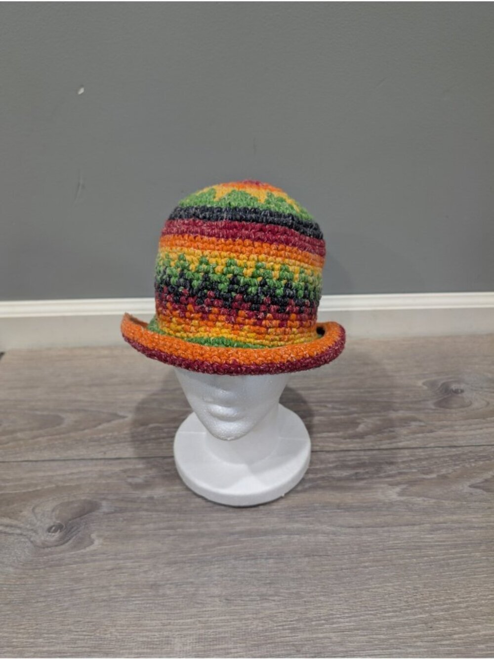 Casa De La Lana Bucket Hat Rainbow Handknit 100% Wool Boho Festival Stripe Sun